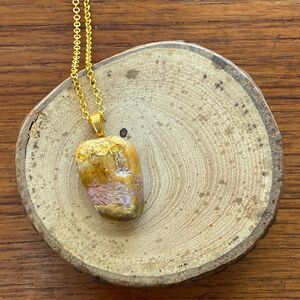 Pink and Gold Epoxy Resin on Natural Stone Pendant Necklace on Gold Plated Chain